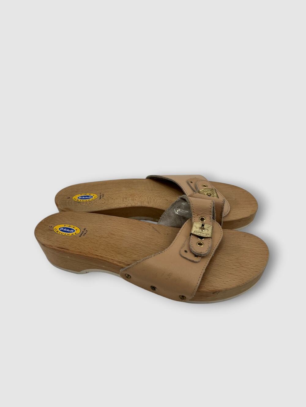 Vintage Dr. Scholl's Original Wooden Sandals Nude Leather Buckle Slides Size 9